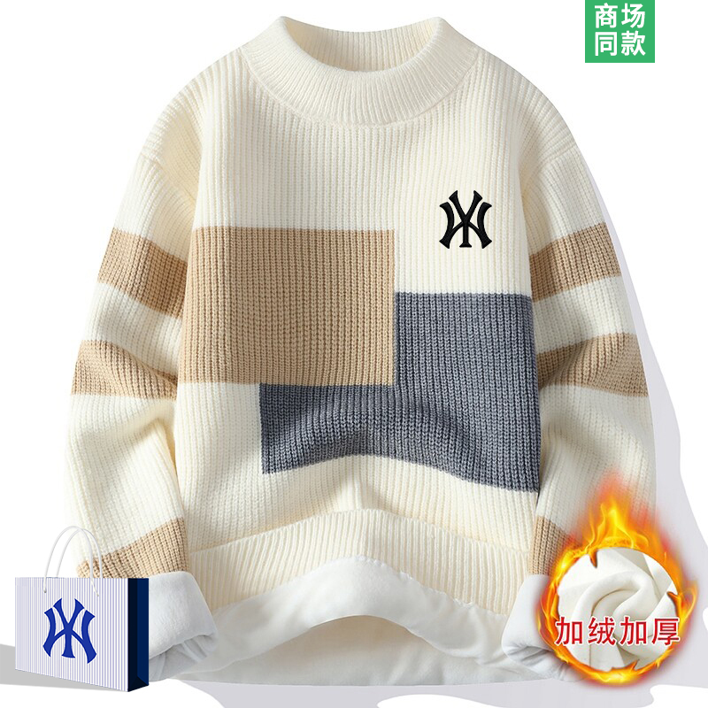 拼色毛衣男士加绒加厚圆领针织衫
