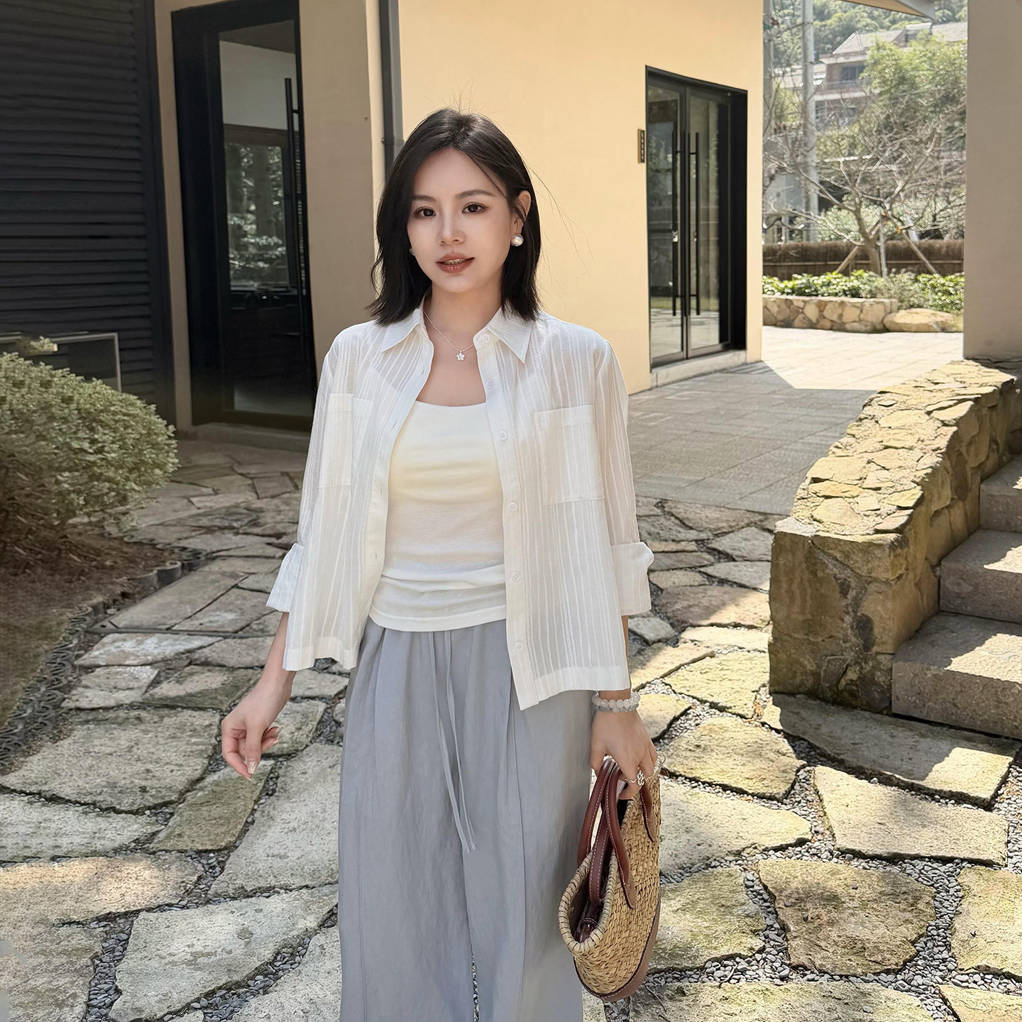 是旺仔呀 小个子专属 纯棉竖条纹提花衬衫女款2026新款高级感上衣