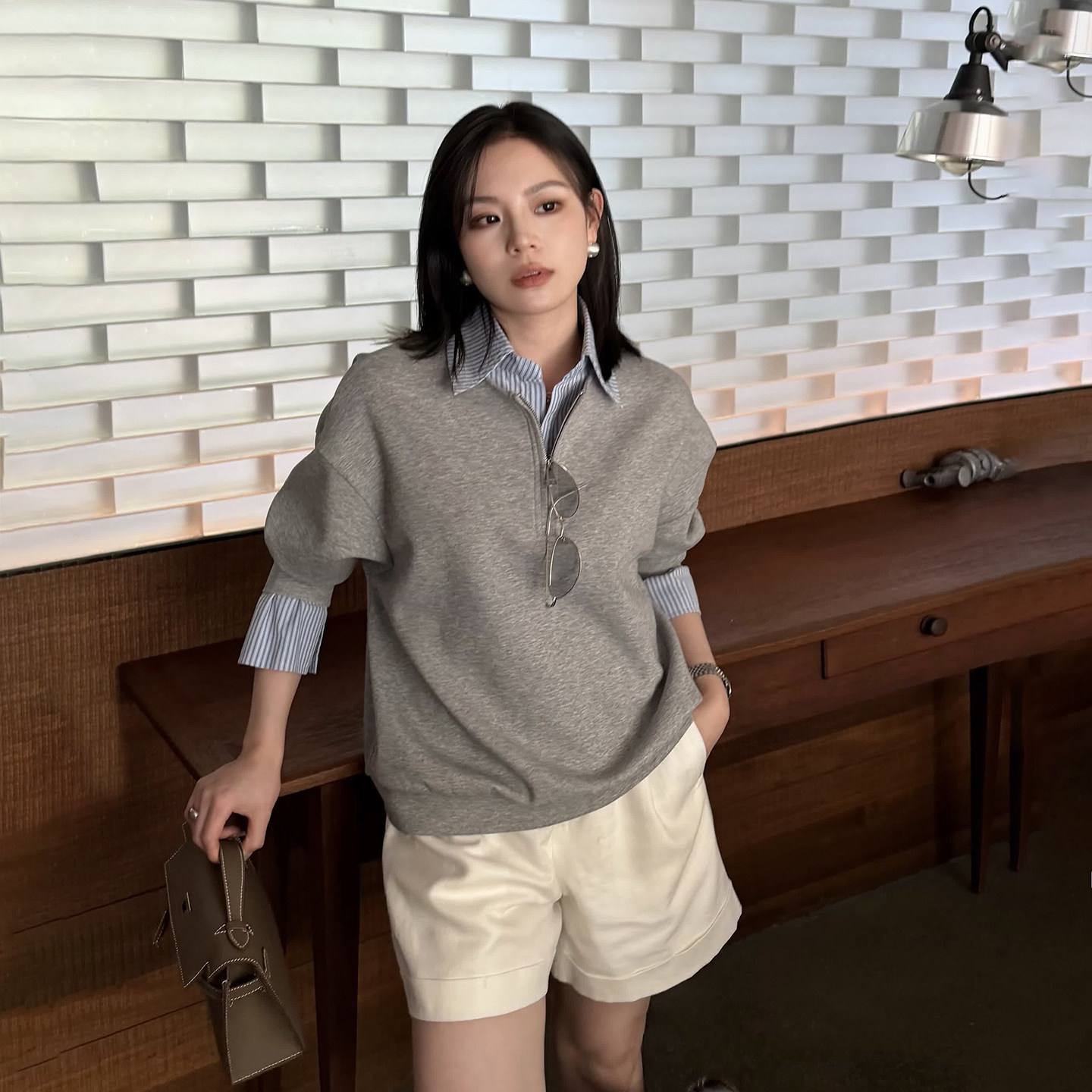 是旺仔呀小个子专属2026新款秋季假两件长袖韩系灰色卫衣女款无帽