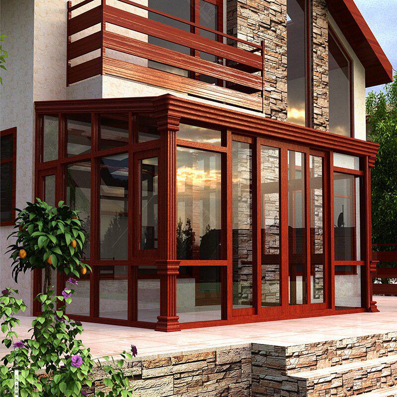 别墅阳台玻璃屋户外阳光房铝合金仿木纹平斜顶遮阳挡雨玻璃房定制