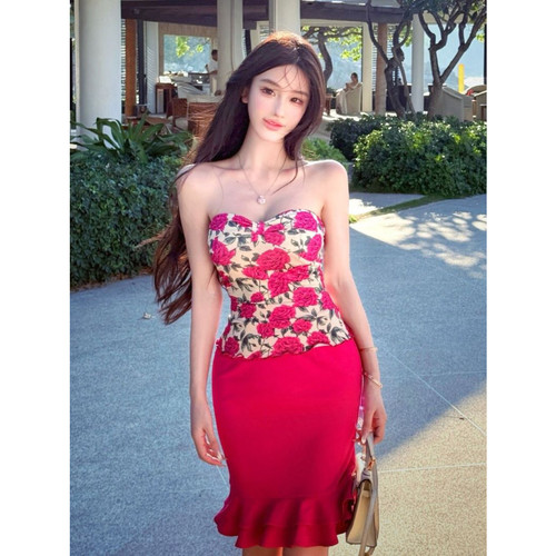 夏季纯欲碎花性感抹胸背心套装