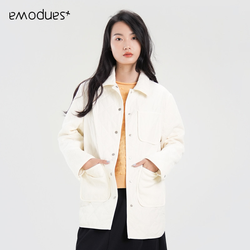 emodues24新款白色中长款通勤百搭棉衣外套