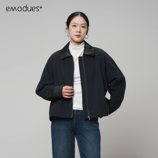 Emodues/衣魔得思拼皮领宽松落肩版型遮肉显瘦羊毛外套