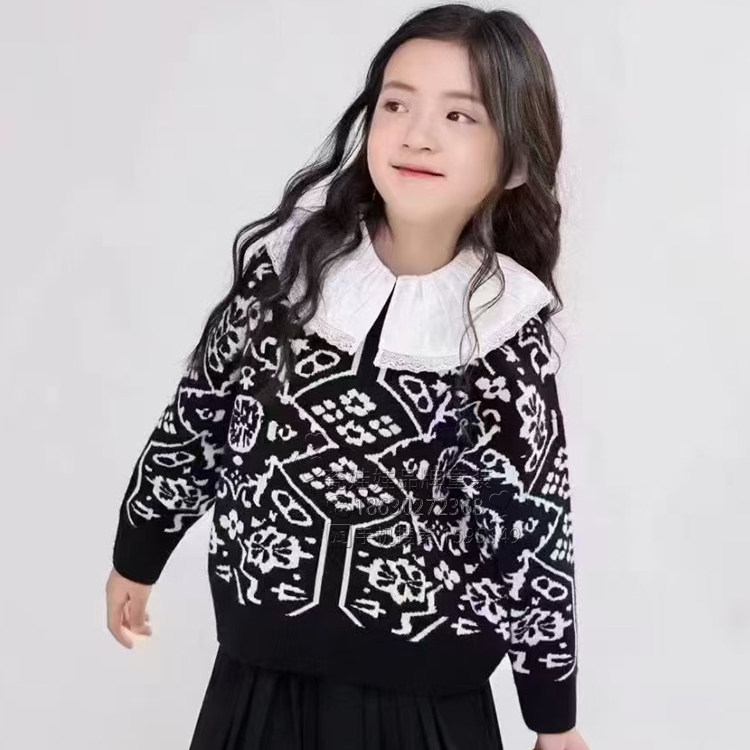 柏惠信子儿童女童韩版时尚翻领毛衣个性满印保暖秋冬BR170417055N