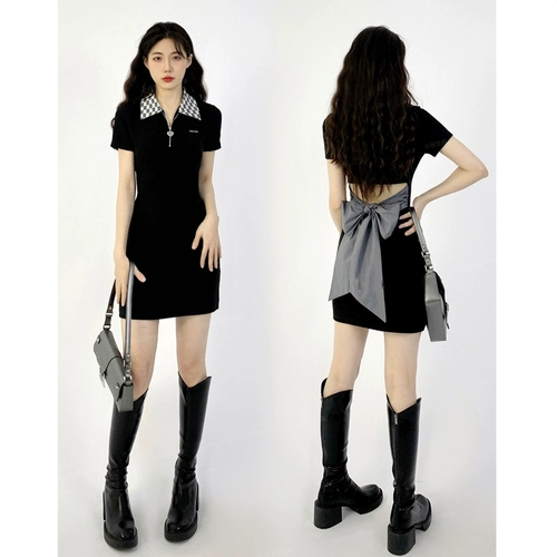 Шахматы, летнее платье с коротким рукавом, приталенная мини-юбка с бантиком, воротник поло, коллекция 2022, с акцентом на бедрах