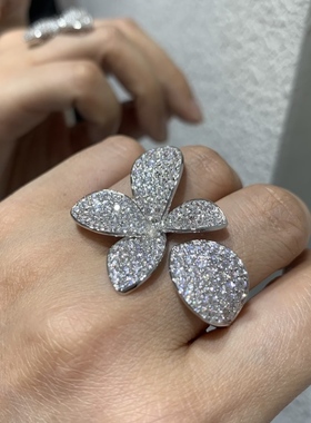 欧美名星同款花朵戒指可调节戒圈925纯银锆石开口戒食指鸡尾酒会