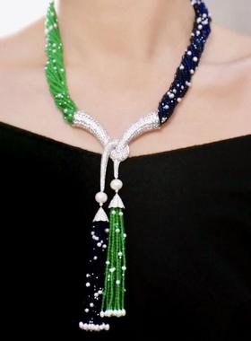 欧美款  蓝绿混色 天然淡水珍珠流苏吊坠项链 Party 晚宴款 纯银