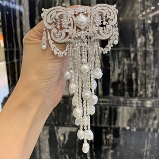 15CM左右纯银锆石 复古中古饰品天然淡水珍珠流苏胸针项链扣双用7