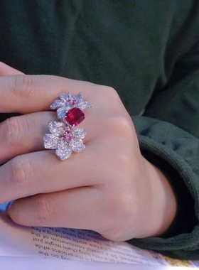 925纯银镶锆石花朵戒指双朵花时尚可调节