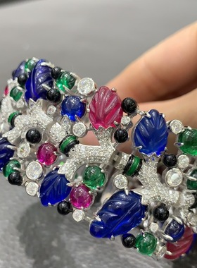 水果锦囊手链树叶红绿蓝混色925纯银锆石人工宝石宽俏立气质