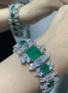 925纯银镶人工祖母绿宝石手链 高档 俏立