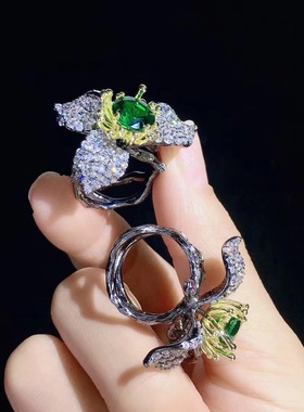 纯银锆石鸡尾酒高档花朵戒指