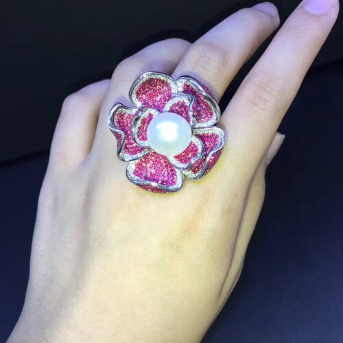 天然淡水珍珠戒指 玫红色花朵戒指925纯银镶锆石戒指 flower ring