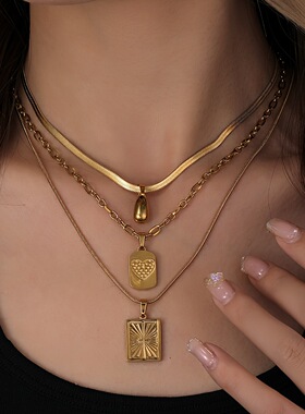 跨境热销钛钢项链铸造几何三层项链小众设计轻奢不锈钢饰品三件套