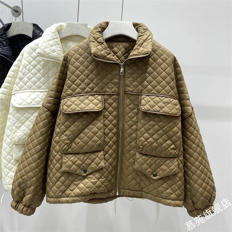 2021秋冬新款菱格立领轻薄棉服上衣设计感小众棉袄女羽绒棉衣外套