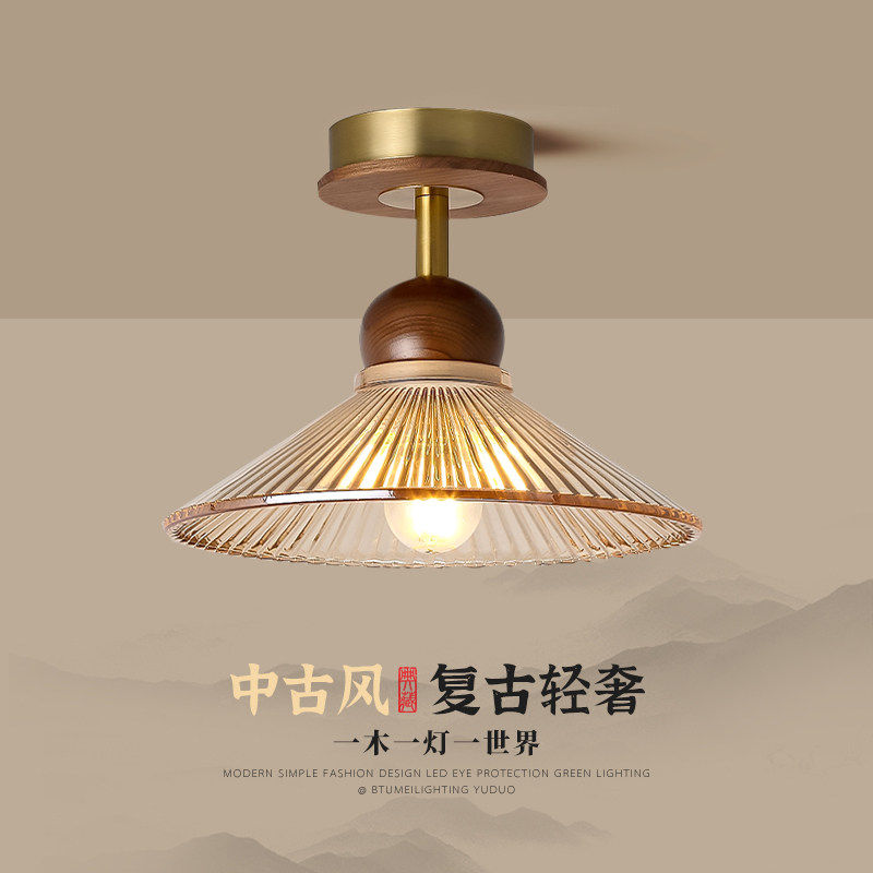 中古风走廊过道灯新中式吸顶灯黑胡桃实木个性入户玄关复古阳台灯