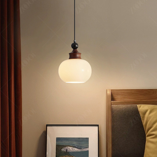 中古风卧室床头吊灯法式复古白蜡木单头柿子灯设计师创意餐厅灯具