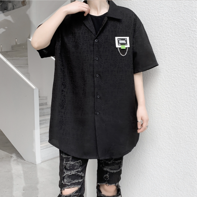 2025年夏季新款纯色贴标短袖衬衫男潮流休闲宽松衬衣 C257 P75图片
