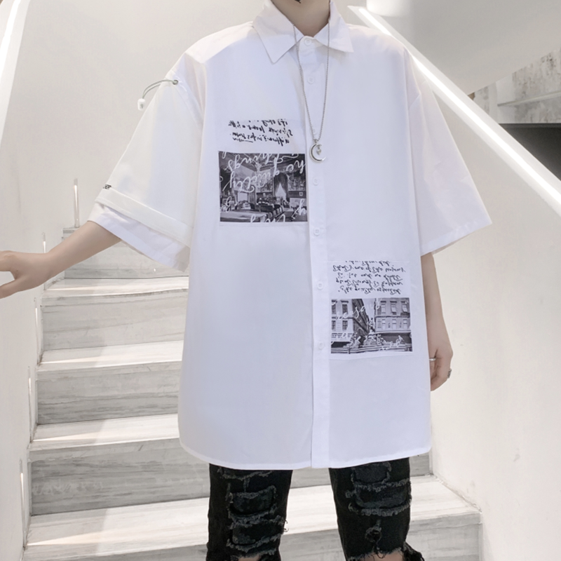 2025夏季新款中袖印花衬衫宽松时尚潮流短袖衬衣男 C255 P75图片