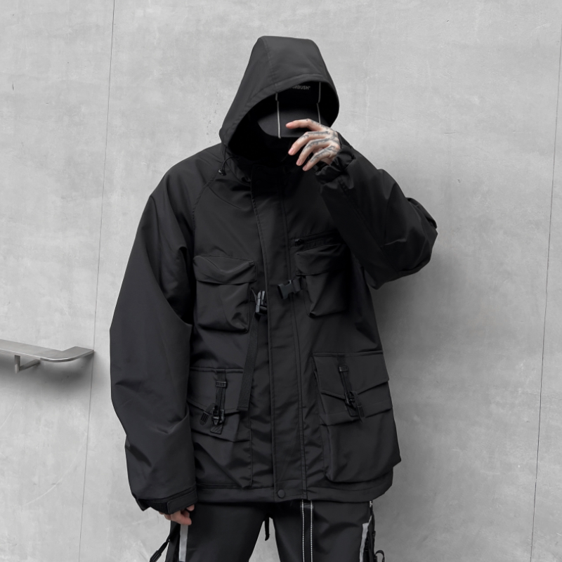 秋冬男暗黑纯色夹克机能风宽松工装潮牌休闲连帽上衣外套W349P175图片