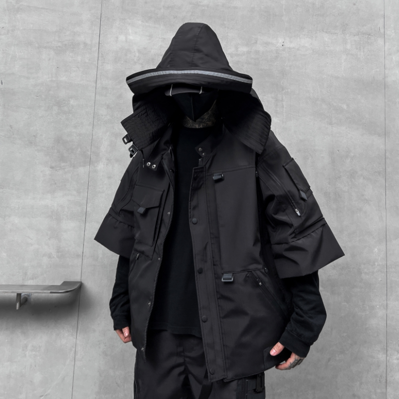 秋冬男暗黑纯色夹克机能风宽松工装潮牌连帽七分袖外套W367P175,男装夹克,星座101A-3