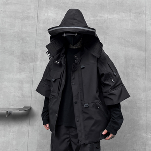 秋冬男暗黑纯色夹克机能风宽松工装潮牌连帽七分袖外套 W367P175图片