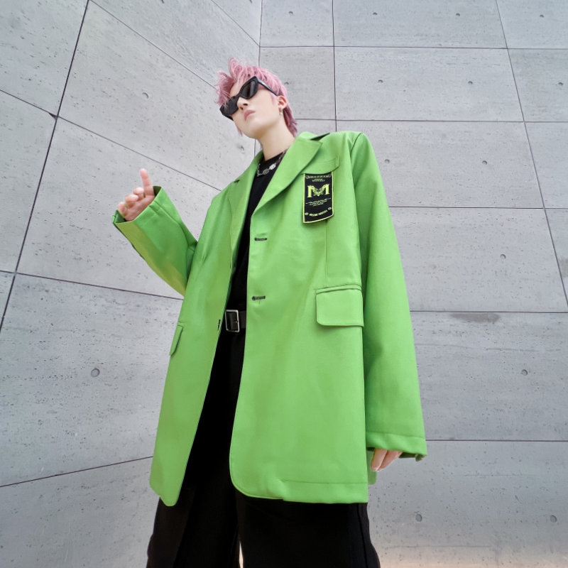 秋冬小西装男士宽松潮流ins荧光绿休闲PU皮西服外套 XF19 P125图片