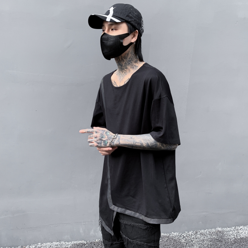 夏季暗黑男士短袖不规则下摆宽松圆领半袖上衣潮牌T676P75,男装T恤,星座101A-3