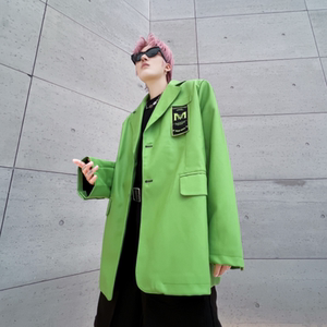 2025秋冬小西装外套男士宽松潮流荧光绿休闲PU皮西服 XF19 P125图片
