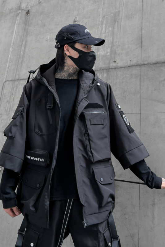 秋冬男暗黑纯色夹克机能风宽松工装潮牌连帽七分袖外套W357P185,男装夹克,星座101A-3