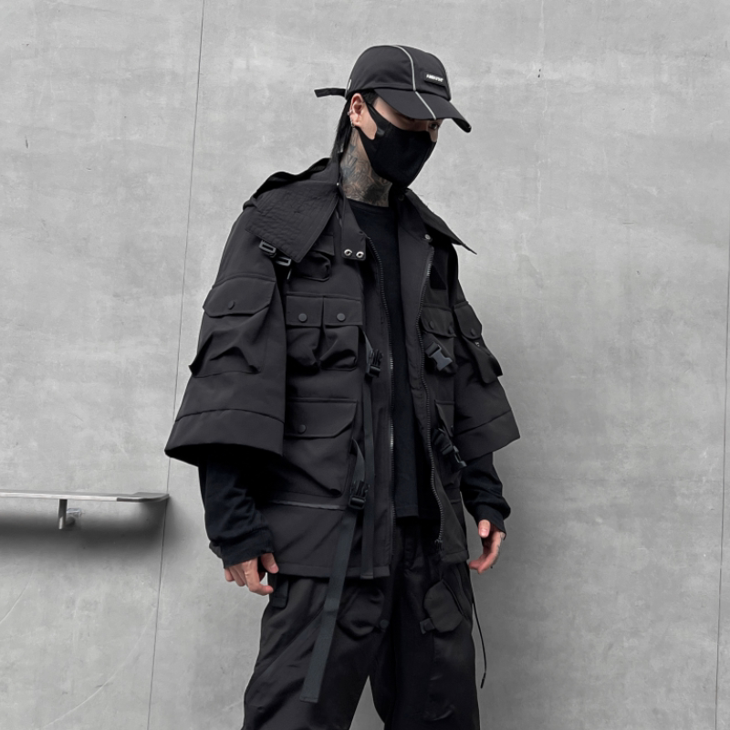 秋冬男暗黑纯色夹克机能风宽松工装潮牌连帽七分袖外套W368P185,男装夹克,星座101A-3