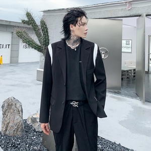 秋冬西服男拼色宽松潮流炸街帅气青年小西装外套XF12P125,蕾丝连衣裙马甲搭配什么外套图片