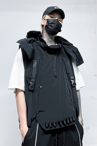 暗黑立体袋伞兵机能工装冲锋连帽马甲背心男潮流炸街坎肩MJ68P125图片