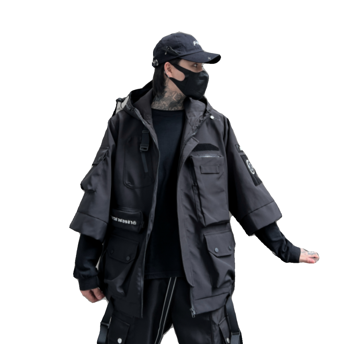 秋冬男暗黑纯色夹克机能风宽松工装潮牌连帽七分袖外套W357P185,男装夹克,星座101A-3