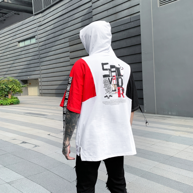 夏季男士休闲印花短袖T恤宽松连帽套头半袖上衣潮牌T407P55,男装T恤,星座101A-3