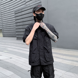 夏季男士机能工装多口袋短袖衬衫宽松纯色青年衬衣潮牌 C301 P115图片