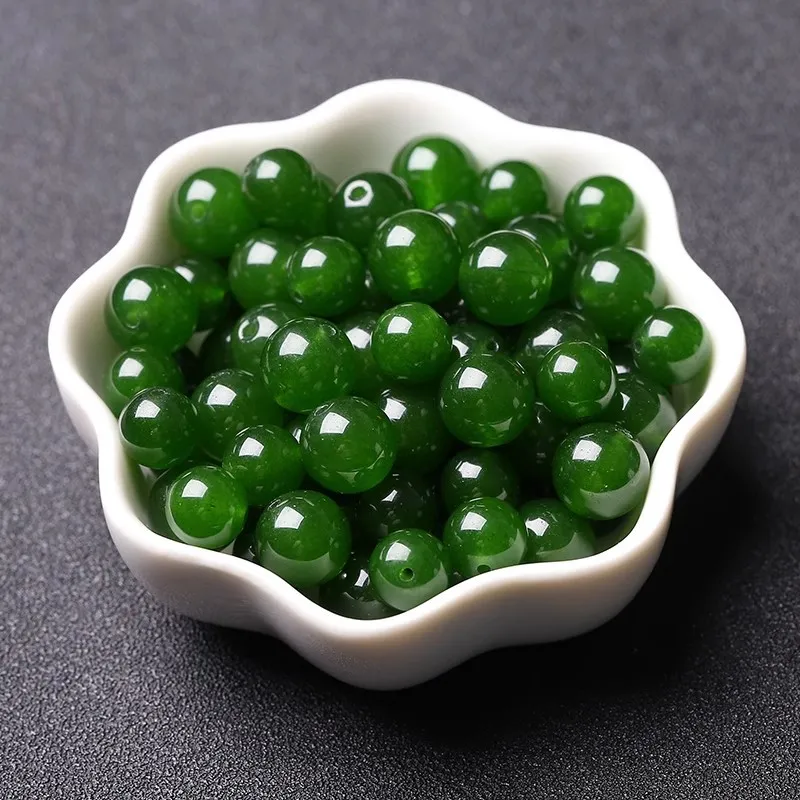 7A和田玉碧玉色绿玉髓散珠子菠菜绿翡翠圆珠diy手工串珠手链项链