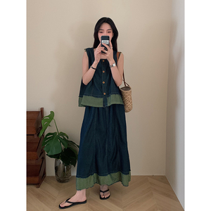 复古牛仔套装女夏韩版百搭撞色毛边无袖马甲+松紧高腰拼接半身裙