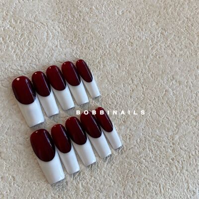 BOBBINAILS欧美手绘白法式血浆红显白高级感秋冬可拆卸穿戴甲成品