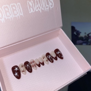 BOBBINAILS欧美酒红法式蝴蝶结星星樱桃手绘可拆卸穿戴甲成品