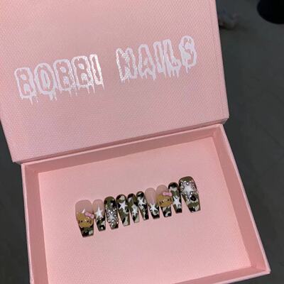 BOBBINAILS欧美y2k细闪迷彩涩味黑皮KITTY手绘可拆卸穿戴甲