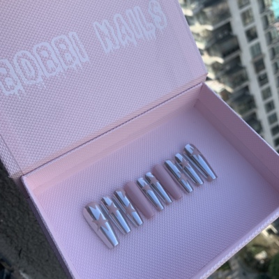 BOBBINAILS欧美魔镜灰粉色手绘星星可拆卸穿戴甲成品手绘