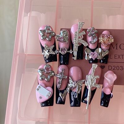 BOBBINAILS加长方欧美甜辣Y2K黑粉法式重工饰品可拆卸穿戴甲成品