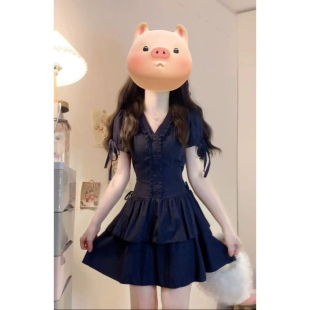 收腰a字蓬蓬短裙 韩系蕾丝花边v领短袖 连衣裙子女夏季 2025新款 修身