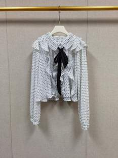 26年春夏新款甜美波点蝴蝶结绑带褶皱上衣复古欧洲宫廷风衬衫女