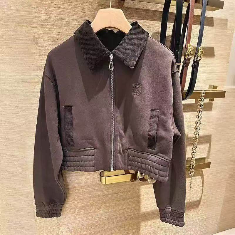 法式小众2025秋复古灯芯绒翻领短款收腰夹克薄绒卫衣外套