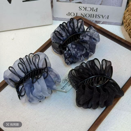 高定黑纱星芒缀饰奢华优雅气质抓夹式丸子头发夹yf