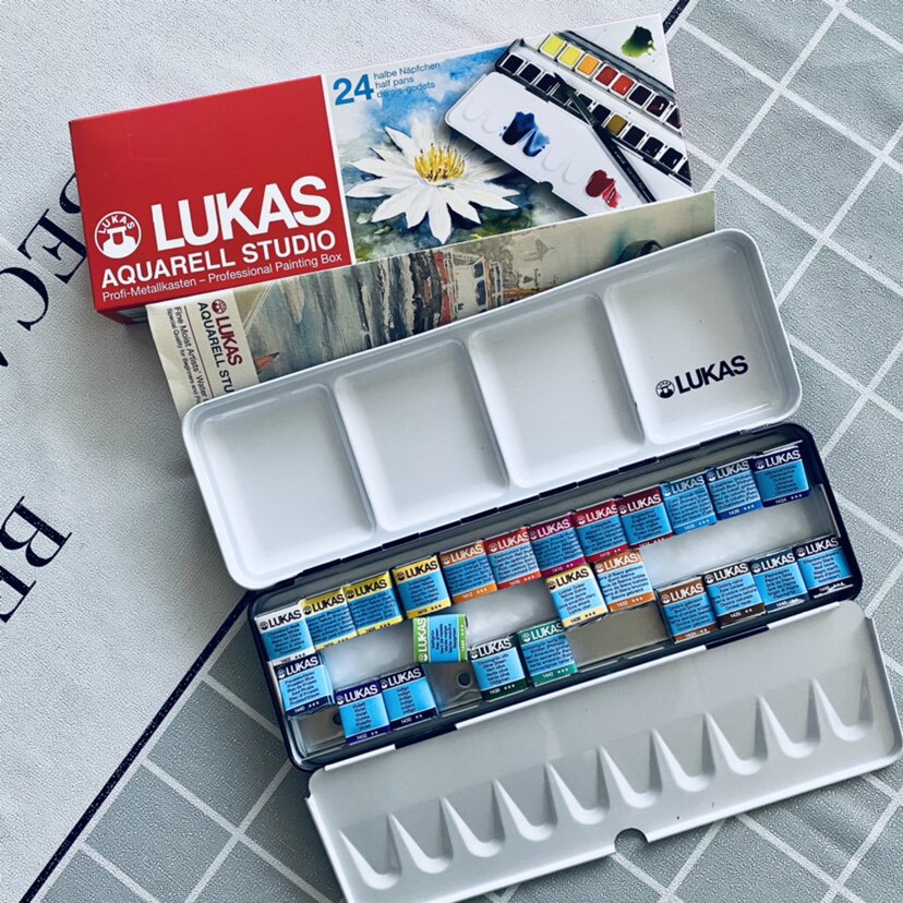 正品Lukas卢卡斯固体水彩颜料套装透明写生块状便携水彩24色铁盒