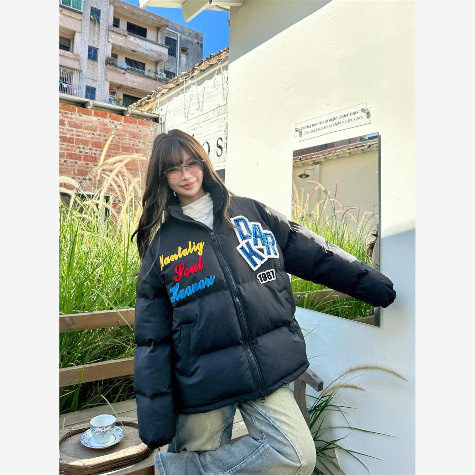 原创美式植绒刺绣棉服男女冬季