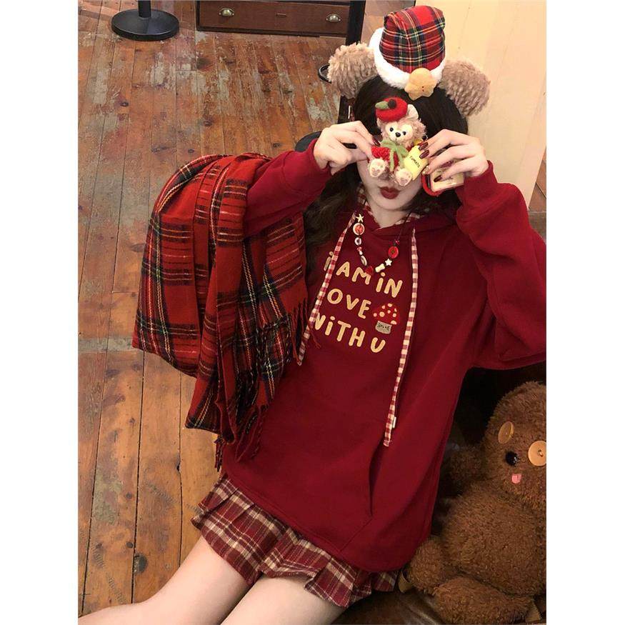 秋冬红色格子连帽卫衣女2025新款宽松设计感加绒卡通刺绣超火外套